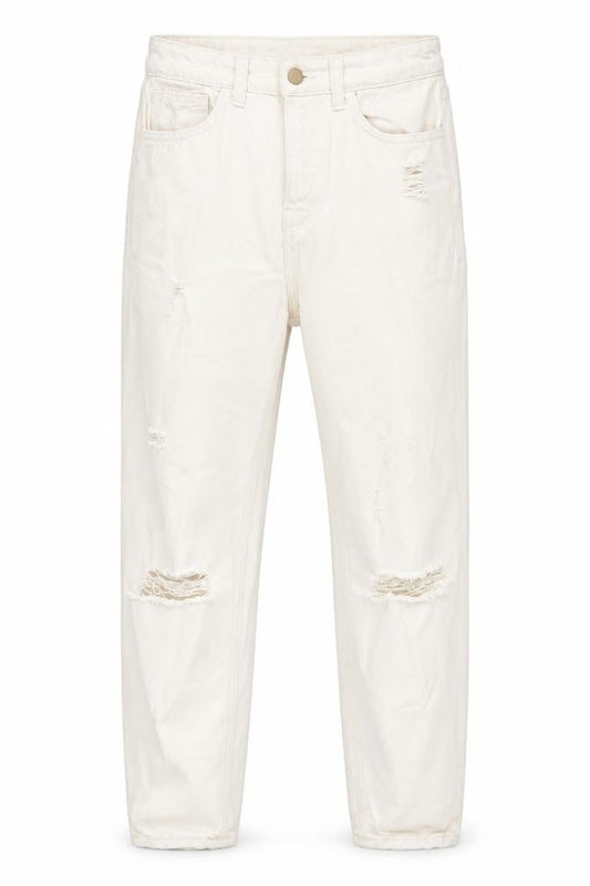 Front view of Cradle to Cradle Certified women’s beige cotton boyfriend jeans, size UK 6, 26-inch leg regular zip