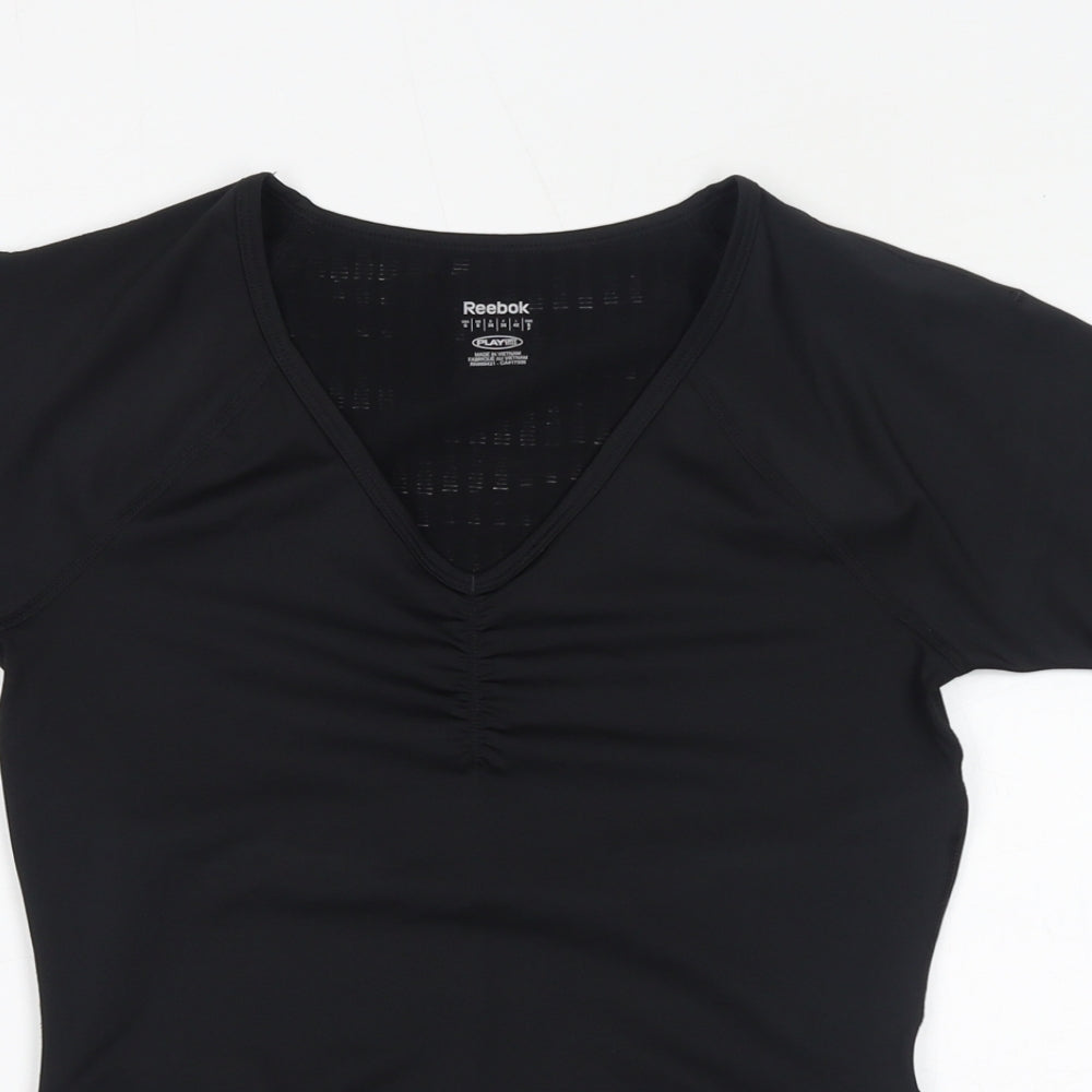 Reebok Womens Black Polyester Basic T-Shirt Size S V-Neck Pullover