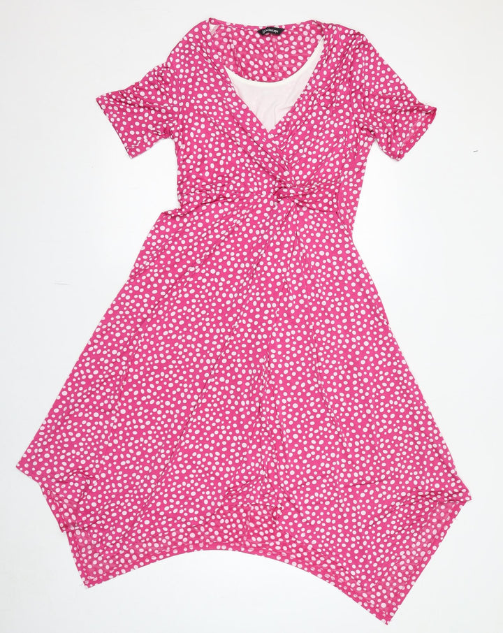 Kaleidoscope Womens Pink Polka Dot Polyester A-Line Size 10 V-Neck Pullover - Knot Detail