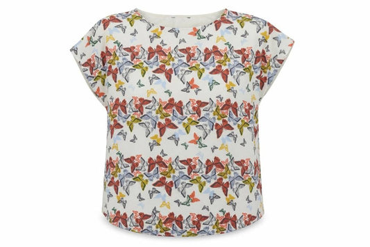 Front view of Next women’s white geometric polyester basic blouse, size UK 12, round neck - butterfly pattern