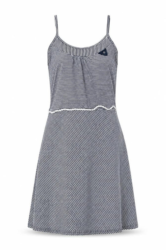 Front view of Don't Ask Amanda women’s blue striped cotton a-line, size S, scoop neck pullover