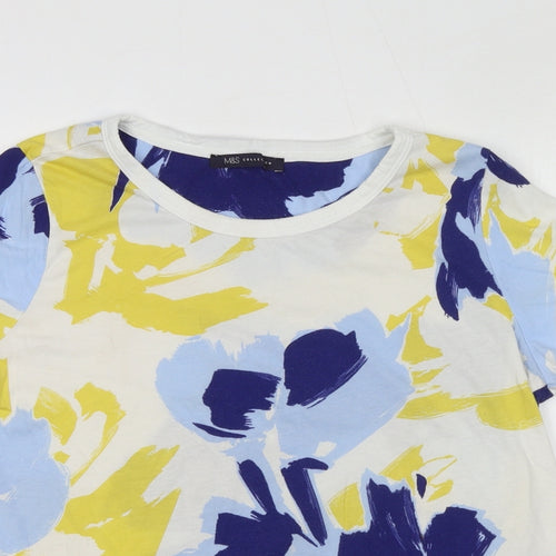Marks and Spencer Womens White Colourblock 100% Cotton Basic T-Shirt Size 12 Round Neck