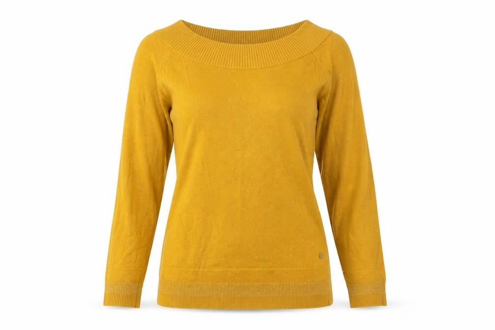 Front view of BiBA women’s yellow boat neck nylon jumper, size UK 8