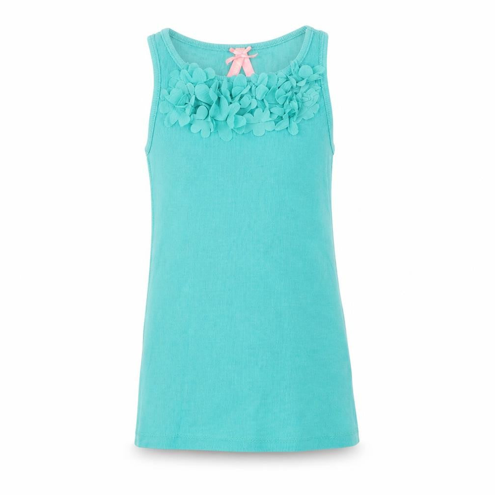 Front view of Next girls’ green cotton basic tank, size 7, years round neck pullover
