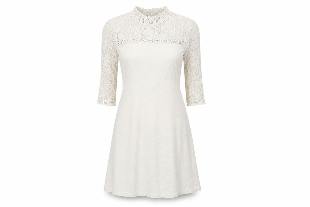 Front view of ASOS women’s ivory cotton a-line, size UK 8, mock neck button - lace