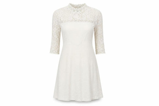 Front view of ASOS women’s ivory cotton a-line, size UK 8, mock neck button - lace
