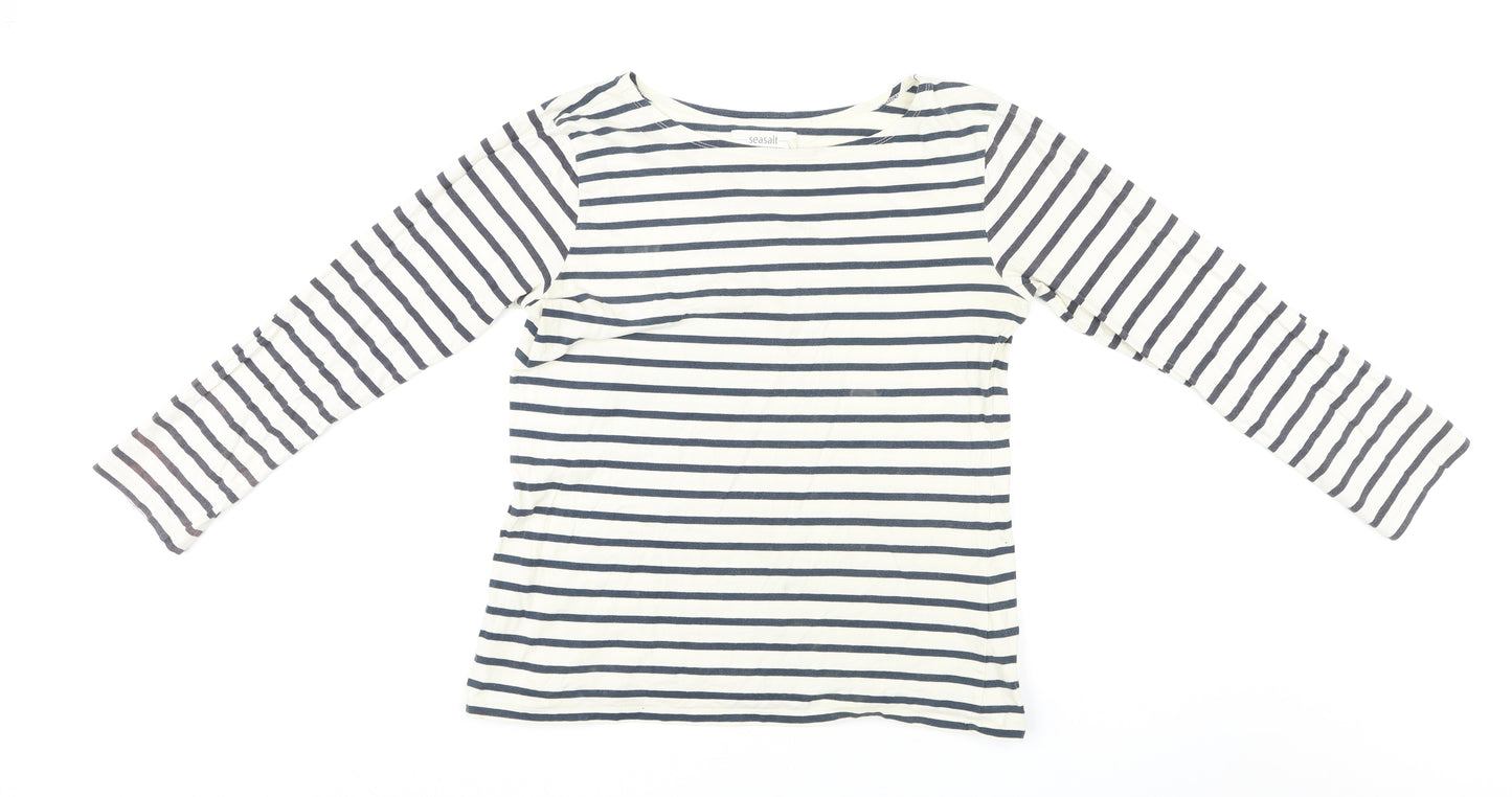 Seasalt Womens White Striped Cotton Basic T-Shirt Size 14 Round Neck