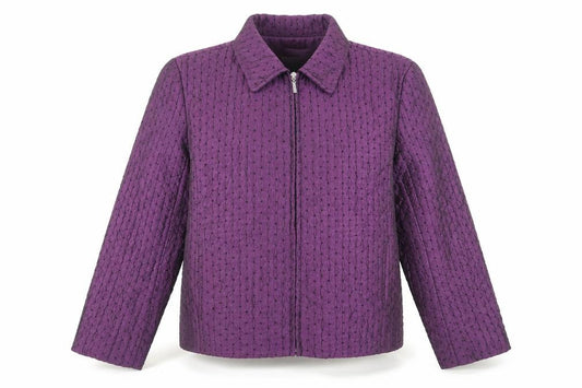 Front view of Erin London women’s purple geometric jacket, size L, zip