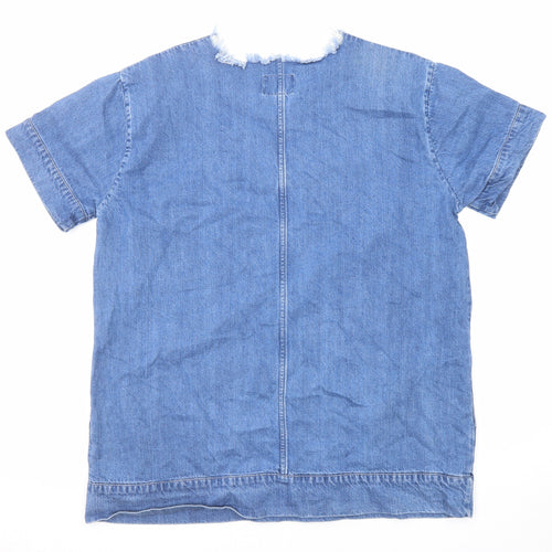 Waven Womens Blue Cotton T-Shirt Dress Size S Round Neck Pullover - Distressed Neckline