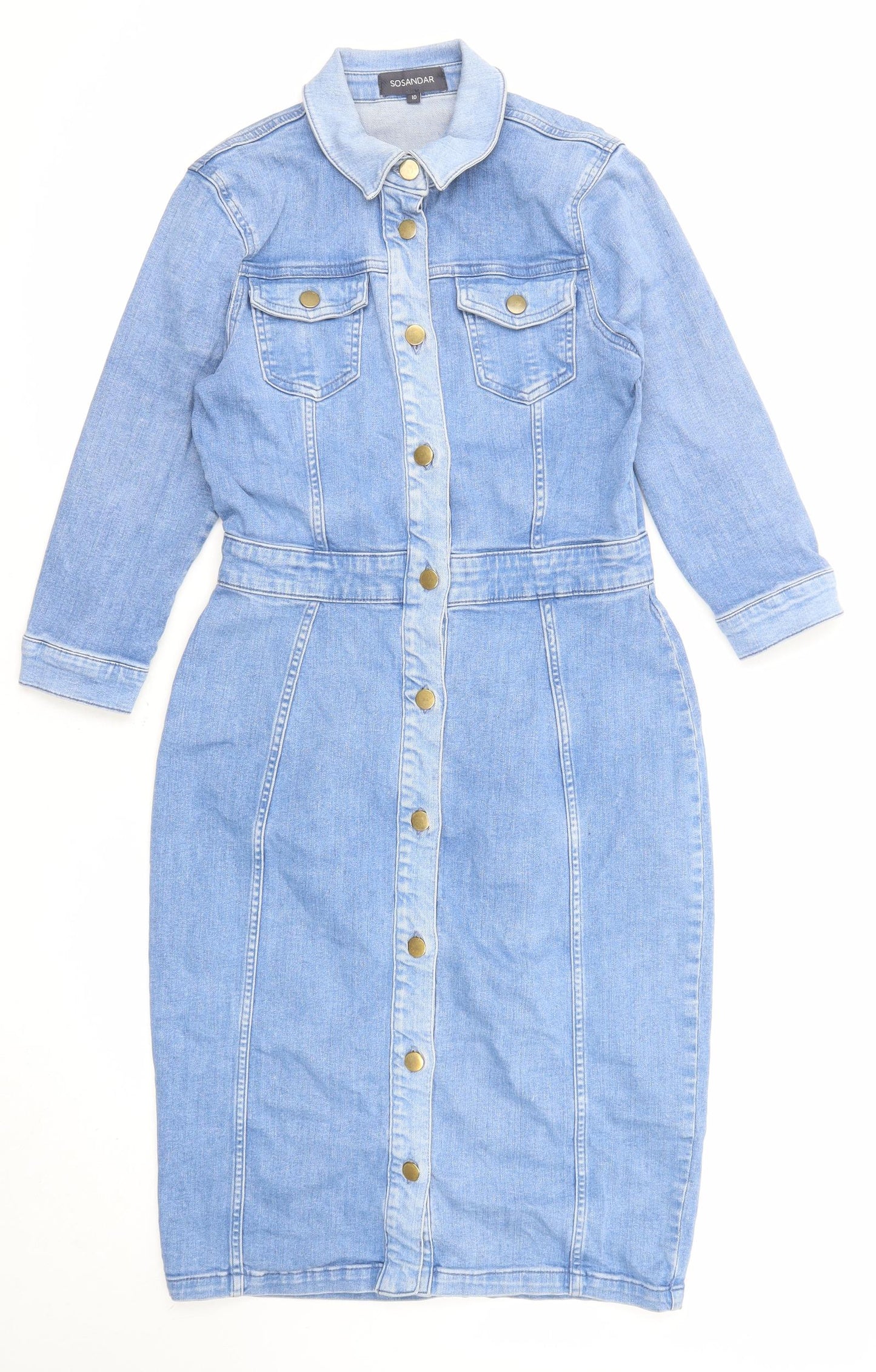 Sosandar Womens Blue Cotton Pencil Dress Size 10 Collared Button