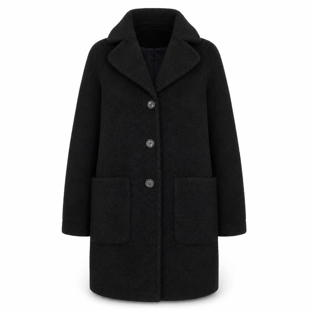 Front view of Warehouse women’s black overcoat coat, size UK 10, button