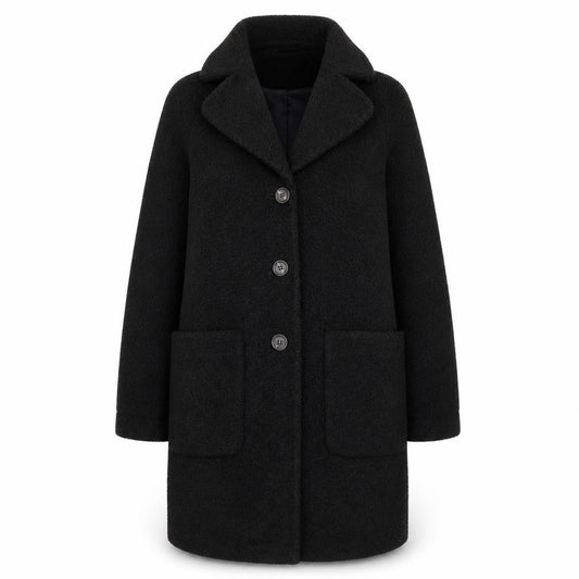 Front view of Warehouse women’s black overcoat coat, size UK 10, button