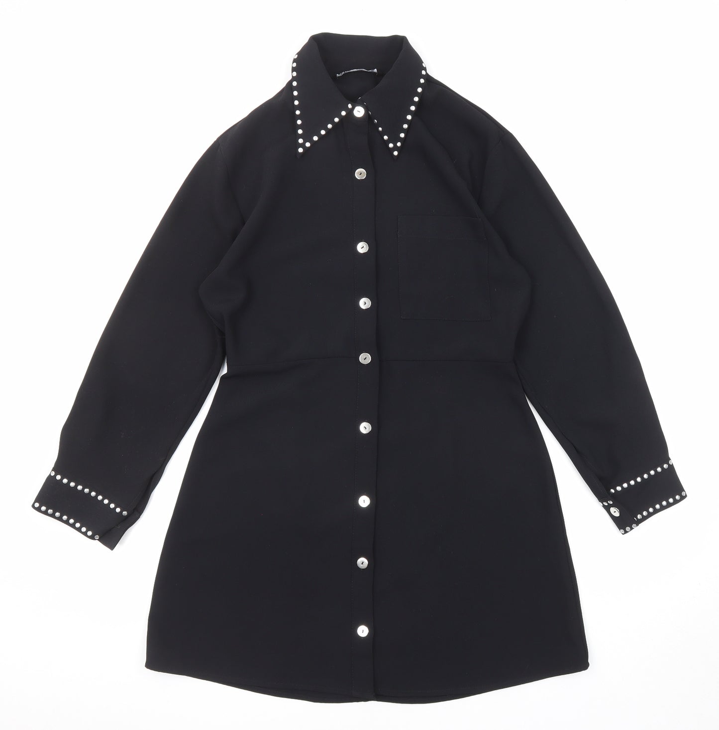Zara Womens Black Polyester Shirt Dress Size M Collared Button