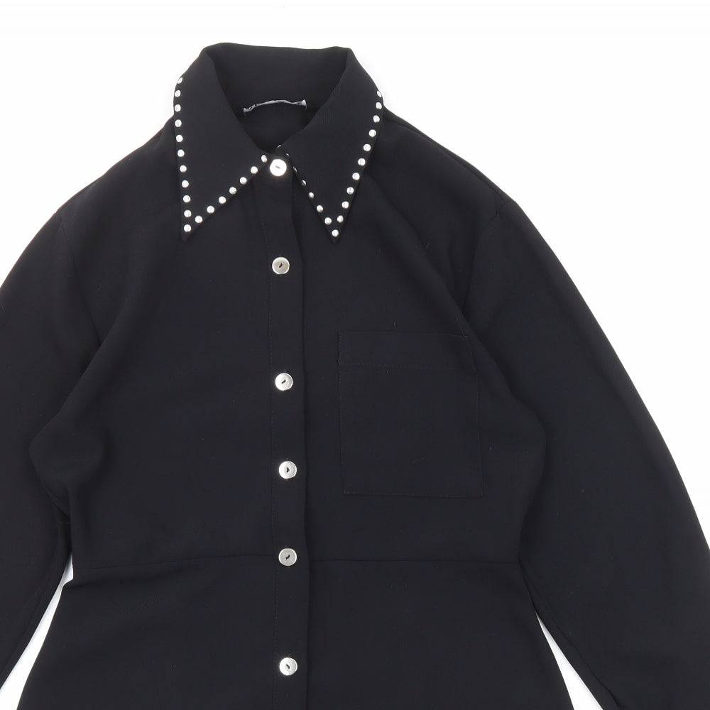Zara Womens Black Polyester Shirt Dress Size M Collared Button