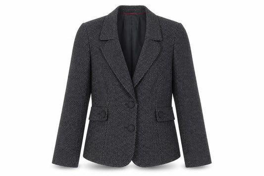 Front view of Country Casuals women’s black geometric jacket blazer, size UK 14, button