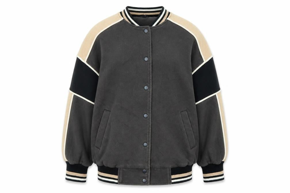 Front view of Divided by H&M women’s grey geometric bomber jacket jacket size 2xs snap