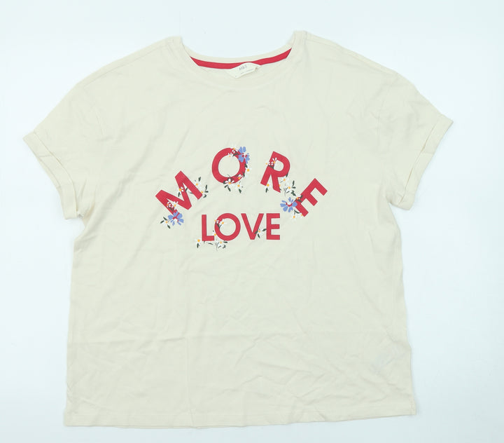 Marks and Spencer Womens Beige Cotton Basic T-Shirt Size M Round Neck - More Love Rolled Sleeve