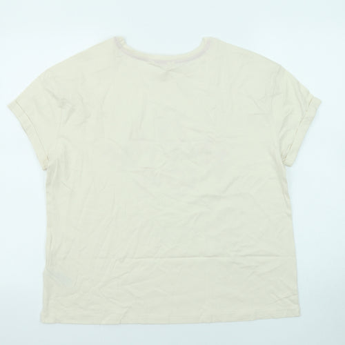 Marks and Spencer Womens Beige Cotton Basic T-Shirt Size M Round Neck - More Love Rolled Sleeve