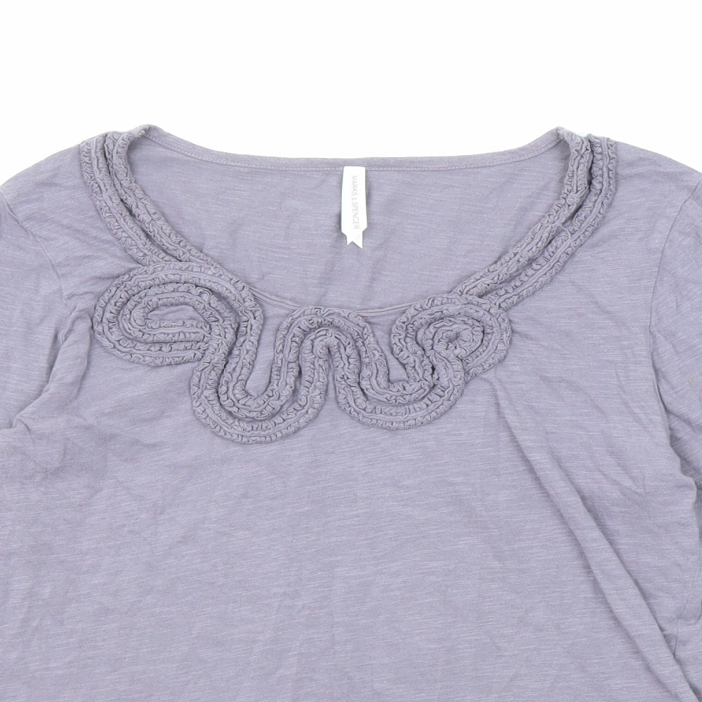 Marks and Spencer Womens Purple Cotton Basic T-Shirt Size 12 Scoop Neck - Swirl Neck Detail
