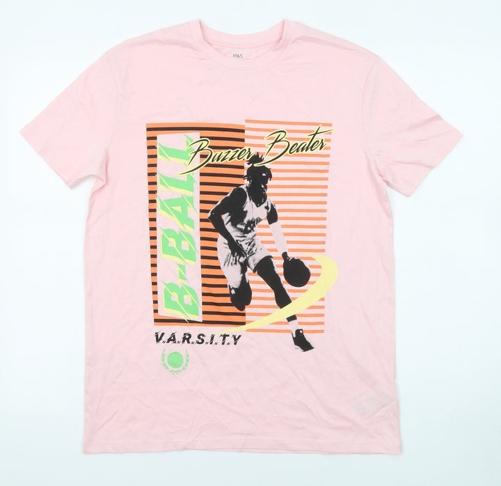 Marks and Spencer Boys Pink Cotton Basic T-Shirt Size 14-15 Years Crew Neck Pullover - B-Ball Buzzer Beater