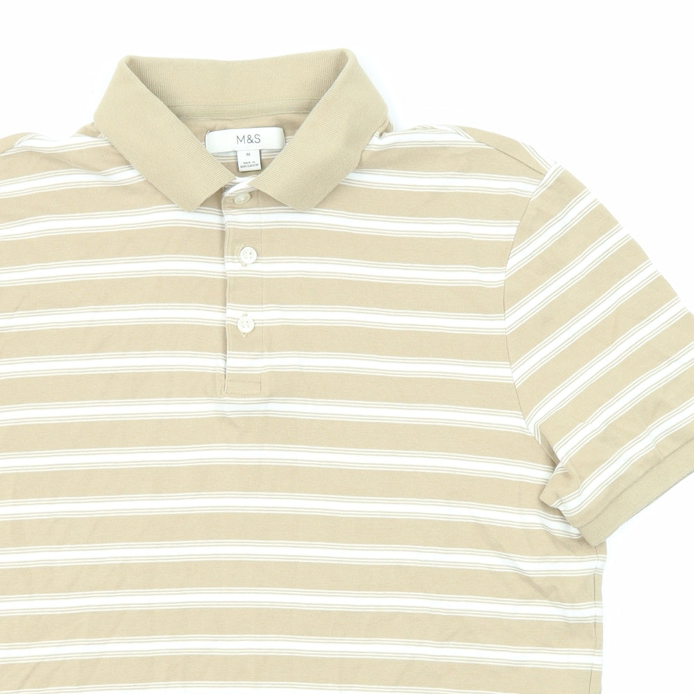 Marks and Spencer Mens Beige Striped Cotton Polo Size M Collared Button