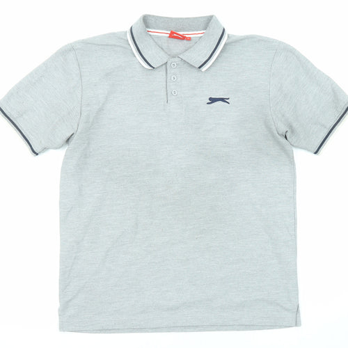 Slazenger Mens Grey Cotton Polo Size M Collared Button