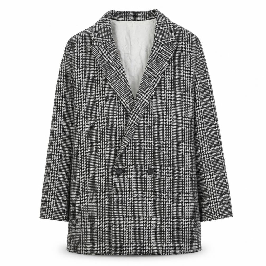 Front view of H&M women’s grey geometric pea coat coat, size UK 12, button