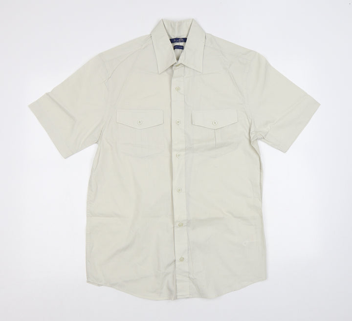 BHS Mens Beige Polyester Button-Up Size S Collared Button