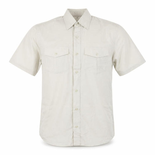 Front view of BHS men’s beige polyester button-up, size S, collared button
