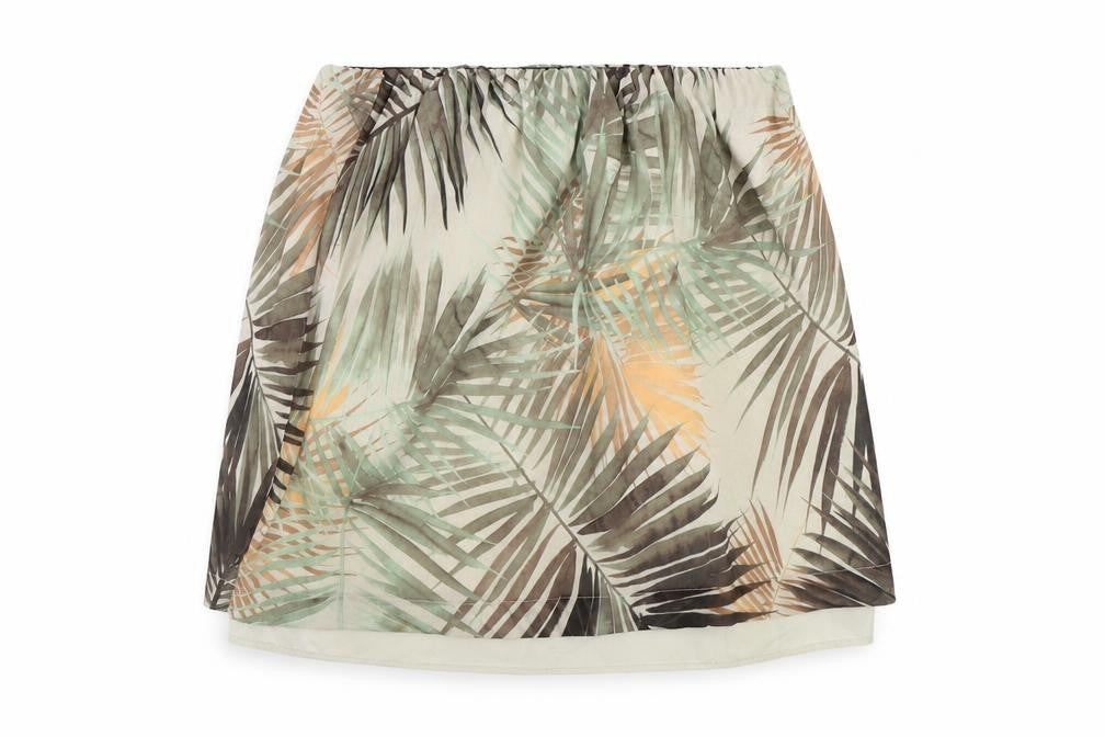 Front view of H&M women’s green geometric polyester a-line skirt, size UK 8, - leaf pattern