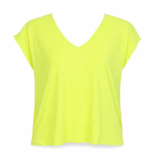Front view of Monsoon women’s yellow viscose basic t-shirt, size M, v-neck