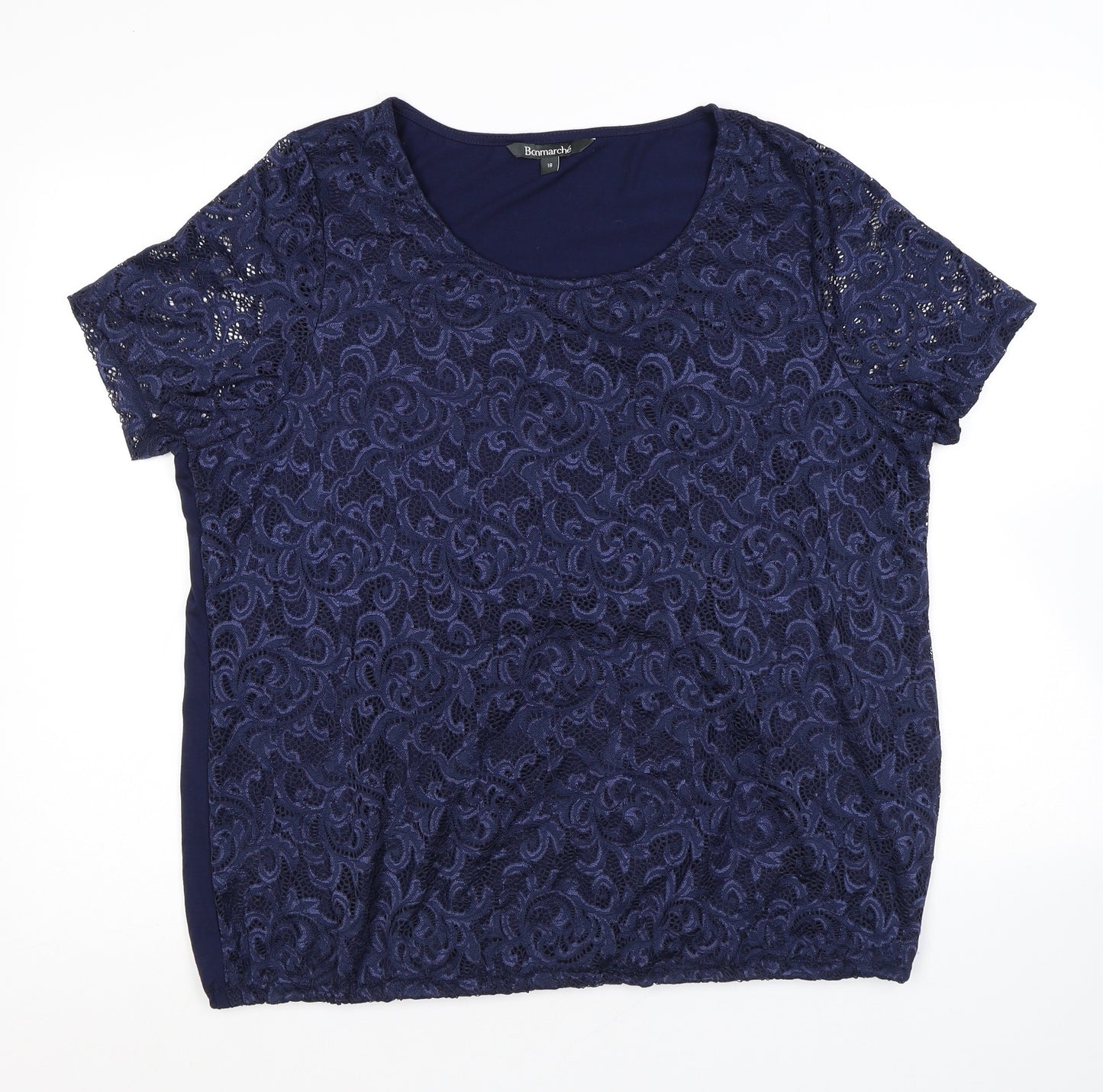 Bonmarché Womens Blue Geometric Polyester Basic T-Shirt Size 18 Round Neck - Lace Overlay
