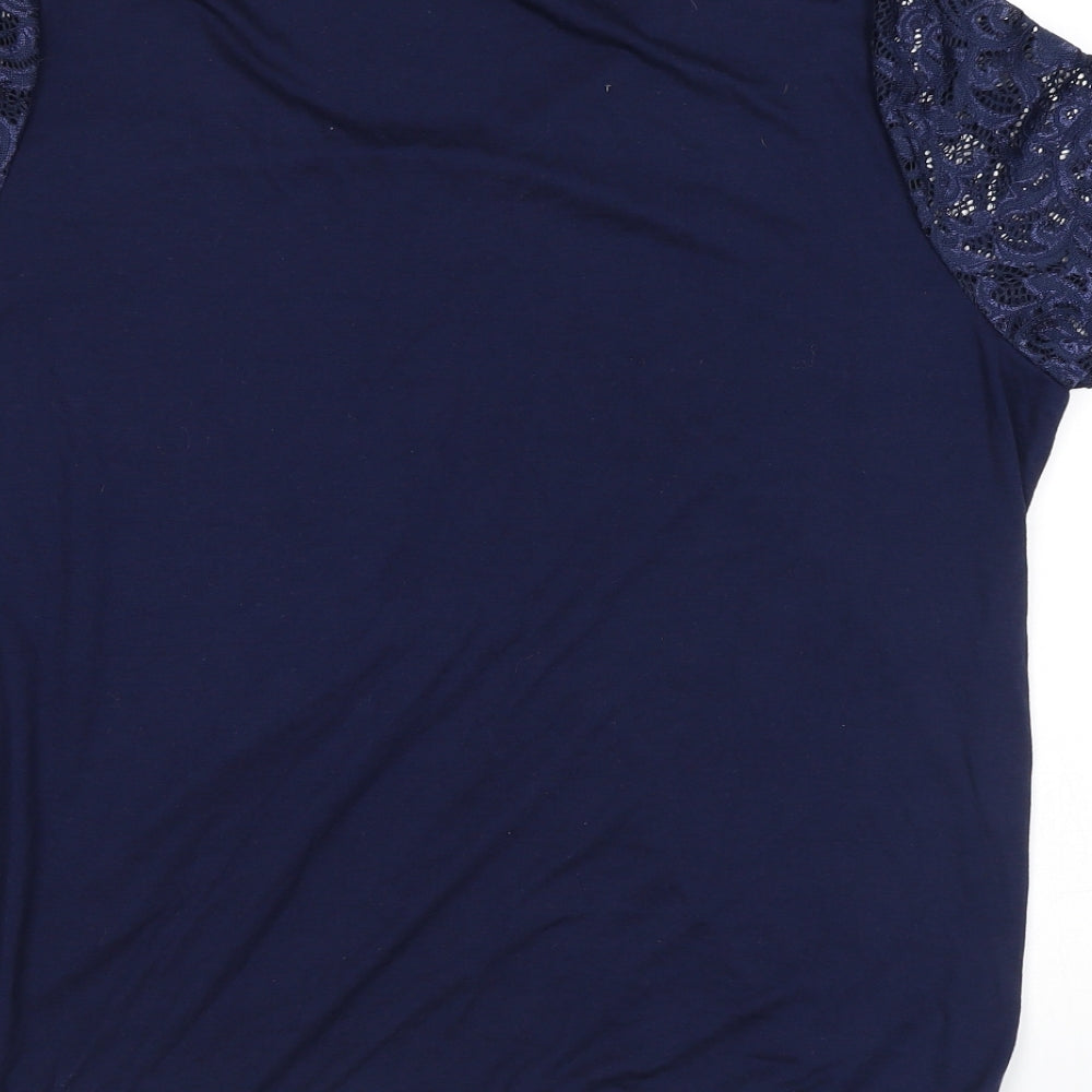 Bonmarché Womens Blue Geometric Polyester Basic T-Shirt Size 18 Round Neck - Lace Overlay