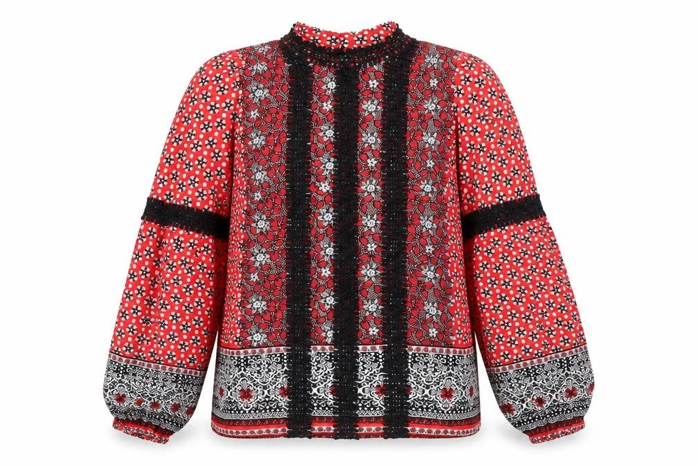 Front view of River Island women’s red geometric viscose basic blouse, size UK 8, mock neck