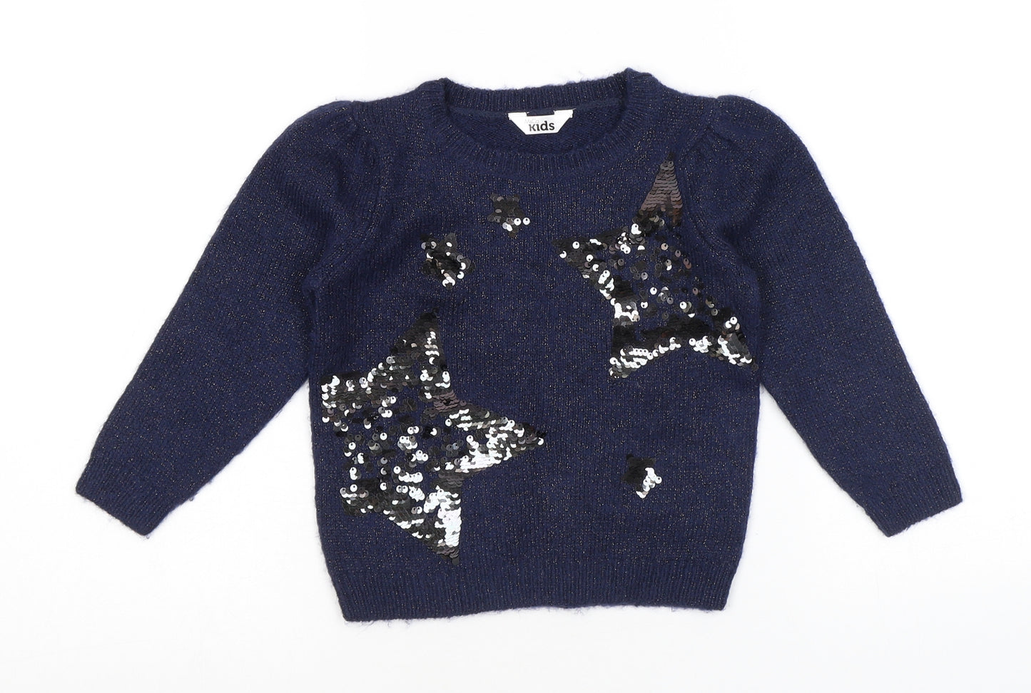 M&Co Girls Blue Round Neck Acrylic Pullover Jumper Size 3-4 Years Pullover - Stars Print