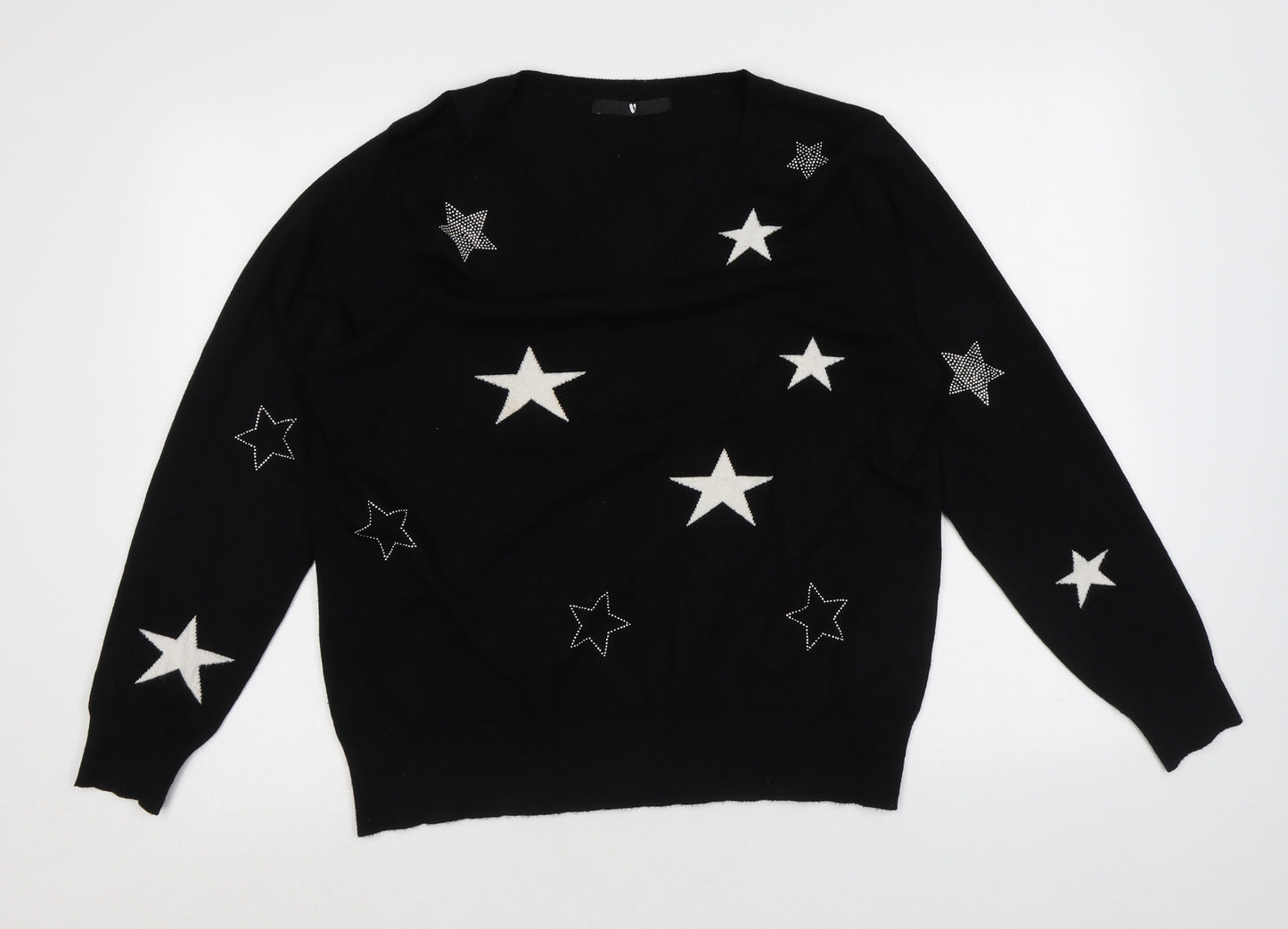Very Womens Black Round Neck Geometric Viscose Pullover Jumper Size 18 - Star Pattern
