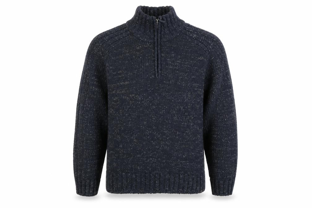 Front view of Stonebay men’s blue acrylic henley sweatshirt, size L