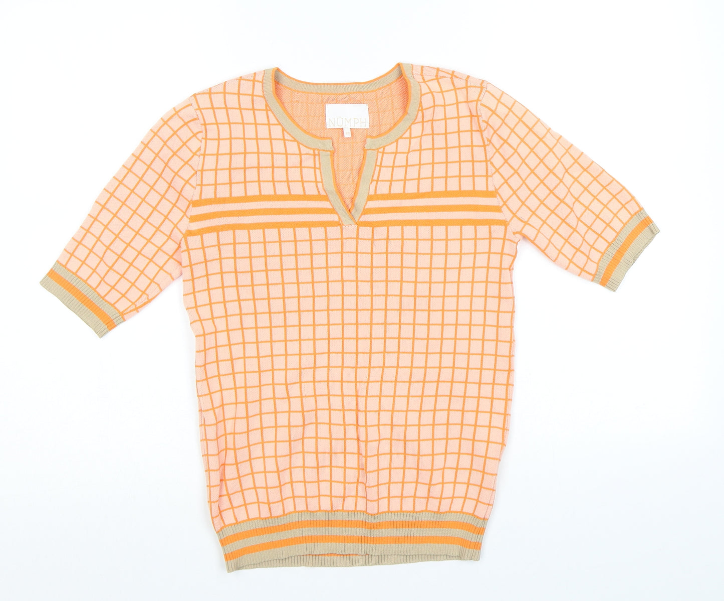 NUMPH Womens Orange V-Neck Check Viscose Pullover Jumper Size XS
