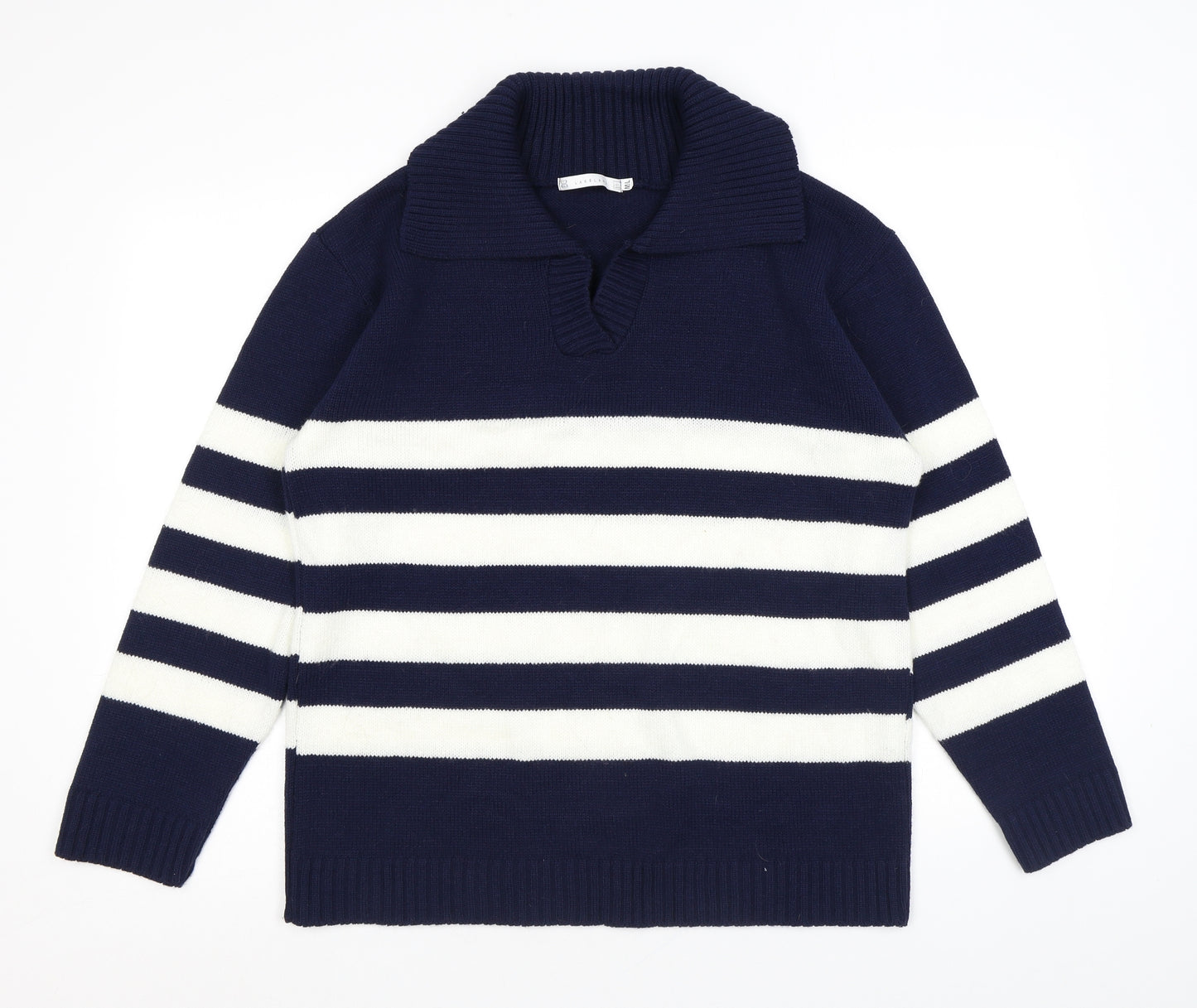 Lakeland Womens Blue Collared Striped Acrylic Pullover Jumper Size M - Size M-L