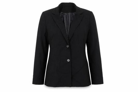 Front view of Liz Jordan women’s black jacket blazer, size UK 10, button