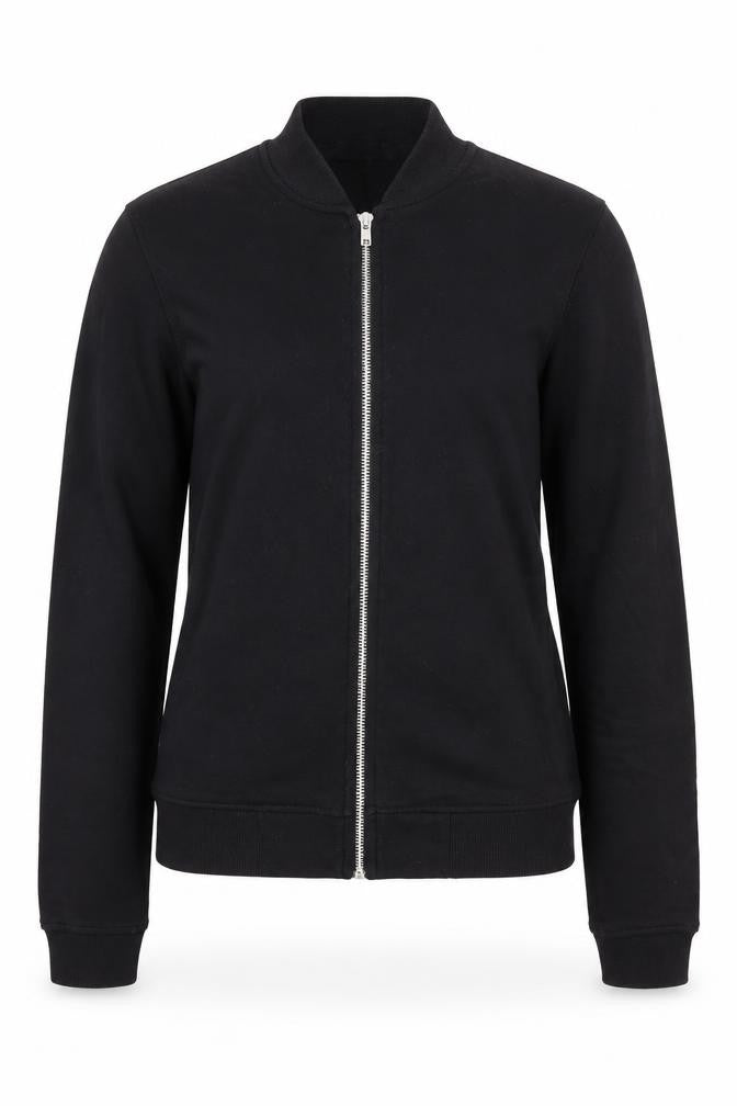 Front view of Missguided women’s black polyester full zip sweatshirt, size UK 6, zip