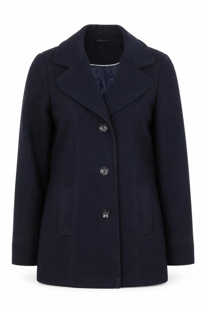 Front view of BHS women’s blue pea coat coat, size UK 10, button