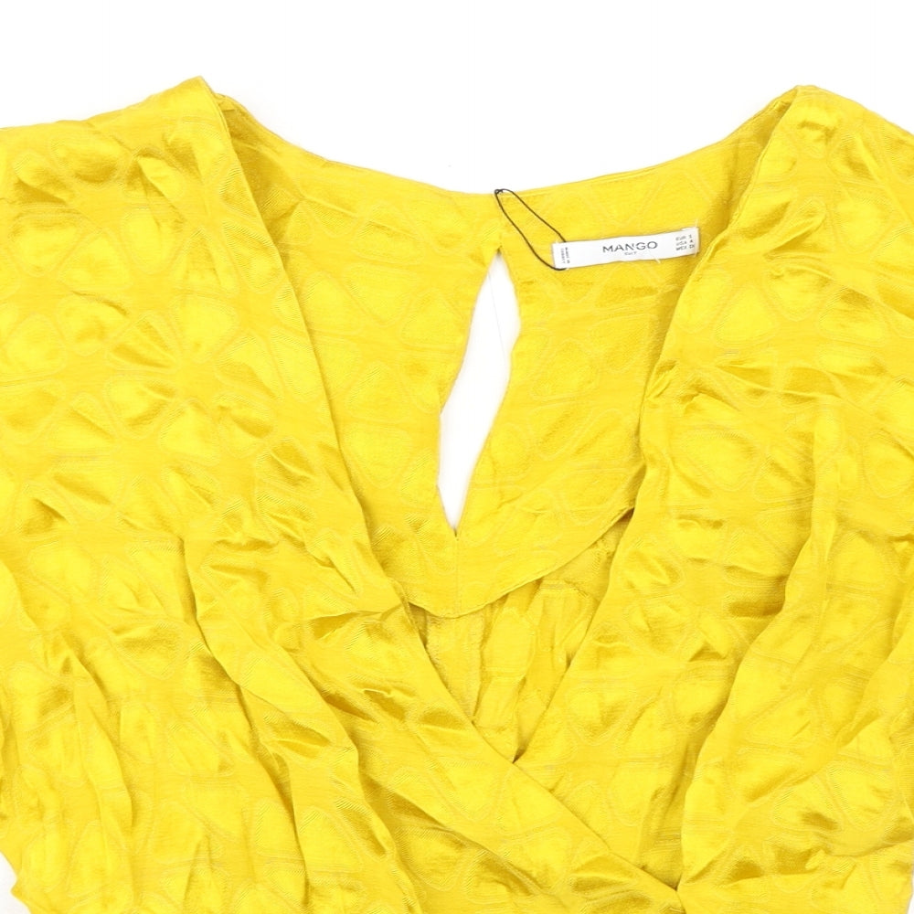 Mango Womens Yellow Geometric Viscose Wrap Blouse Size S V-Neck