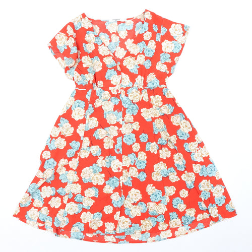 Sweewë Womens Orange Floral Polyester A-Line Size S V-Neck Button