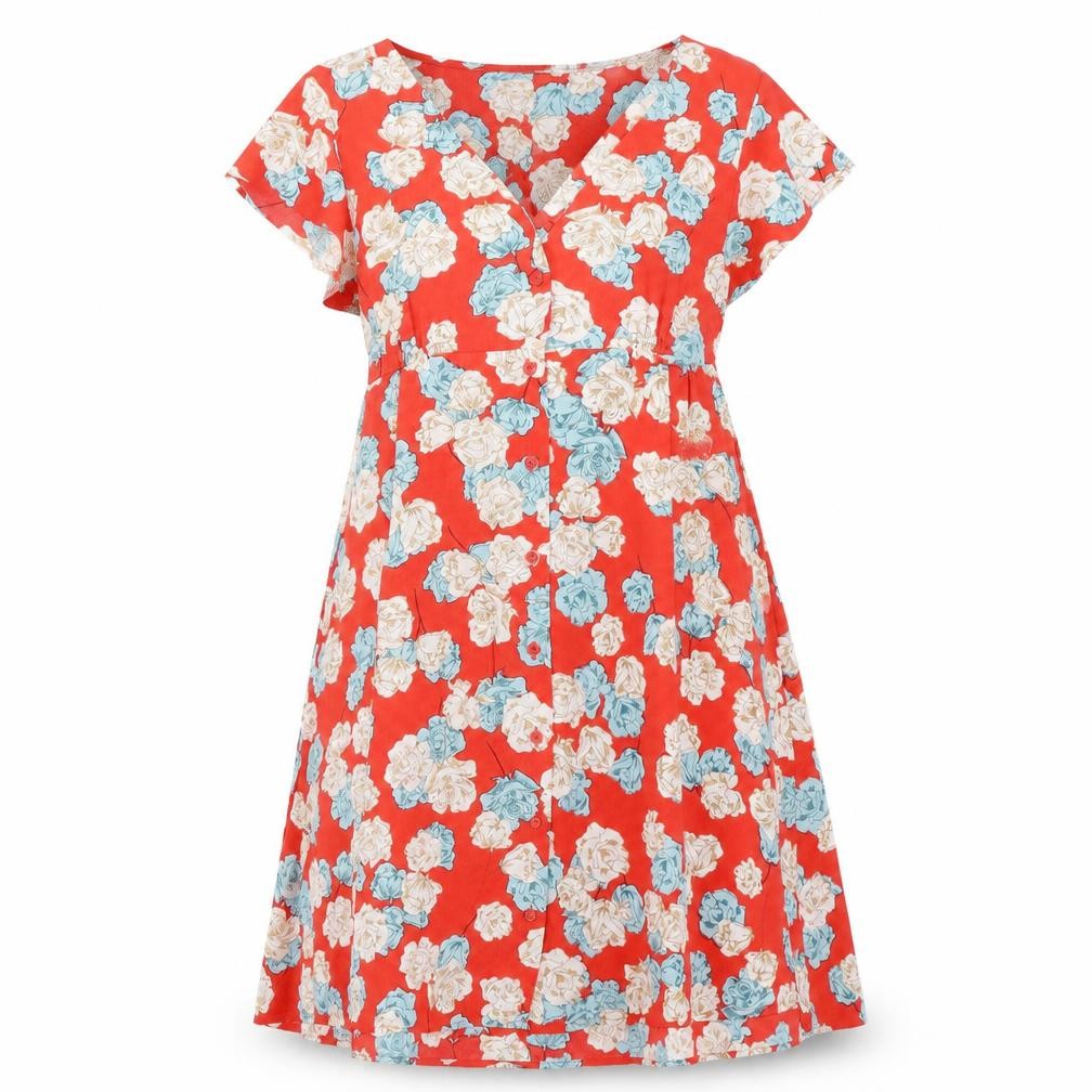 Front view of Sweewë women’s orange floral polyester a-line, size S, v-neck button