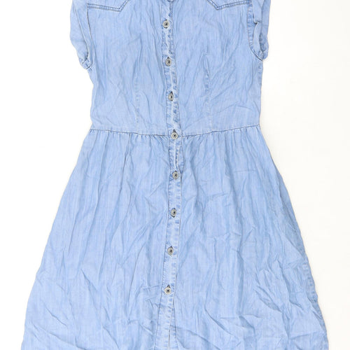 Komodo Womens Blue Lyocell A-Line Size S Collared Button