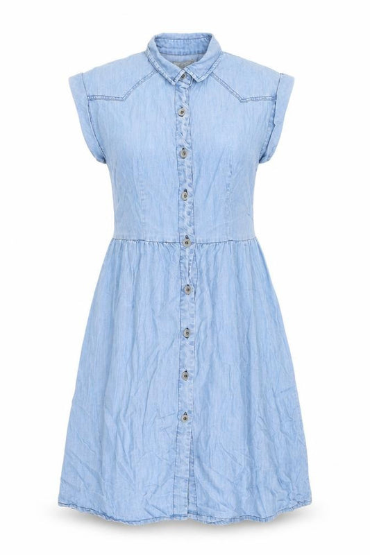 Front view of Komodo women’s blue lyocell a-line, size S, collared button