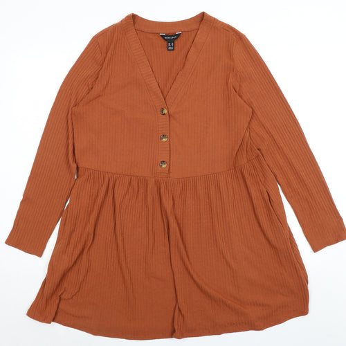 New Look Womens Orange Polyester Shift Size 18 V-Neck Button - Ribbed