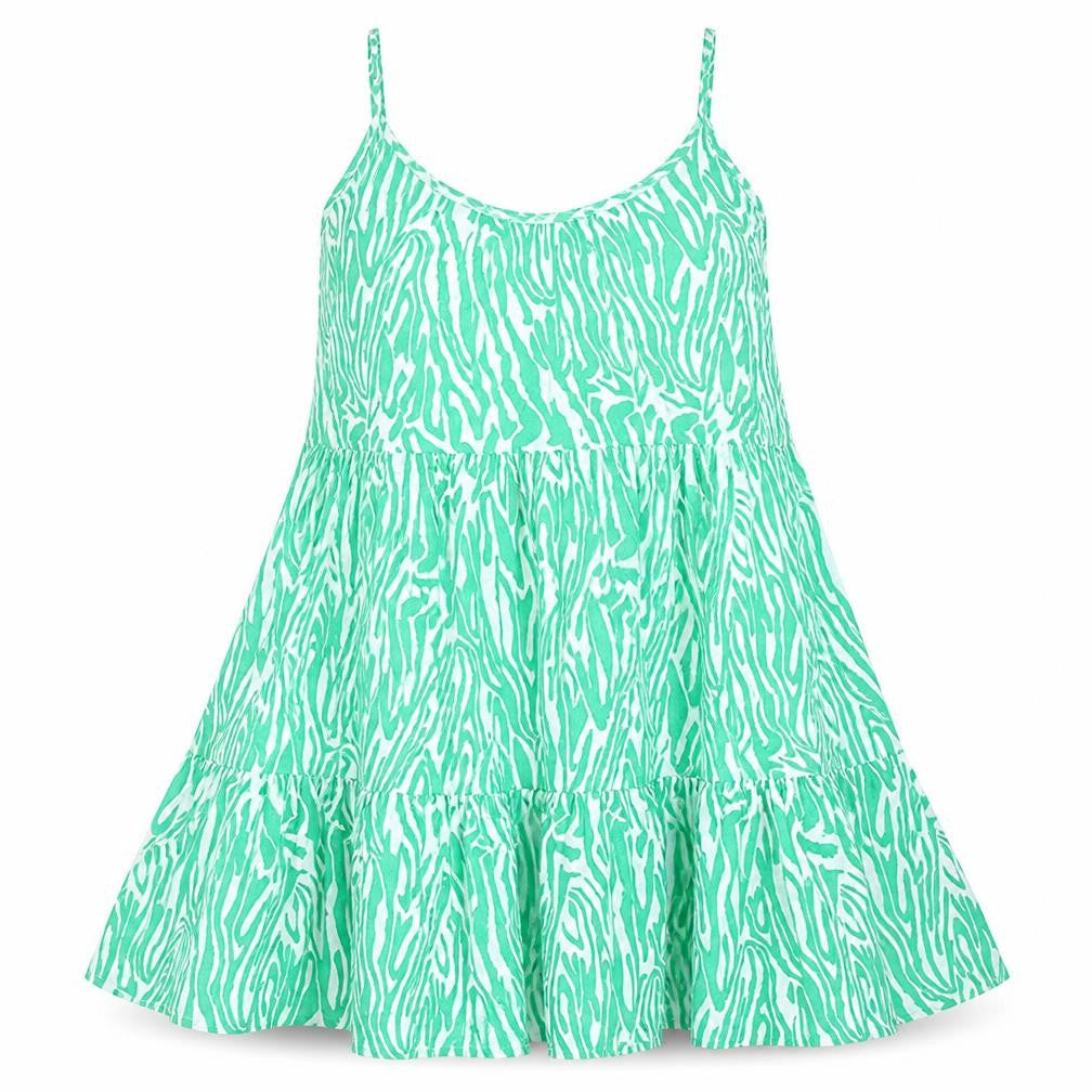 Front view of Marks & Spencer women’s green geometric viscose trapeze & swing, size UK 18, round neck pullover