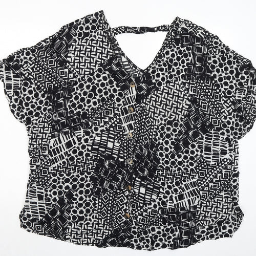 M&Co Womens Black Geometric Viscose Basic Blouse Size 24 V-Neck